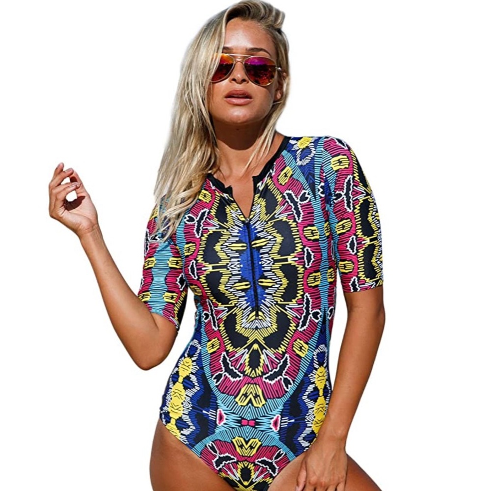 Women’s Aztec print rash guard swimsuit.